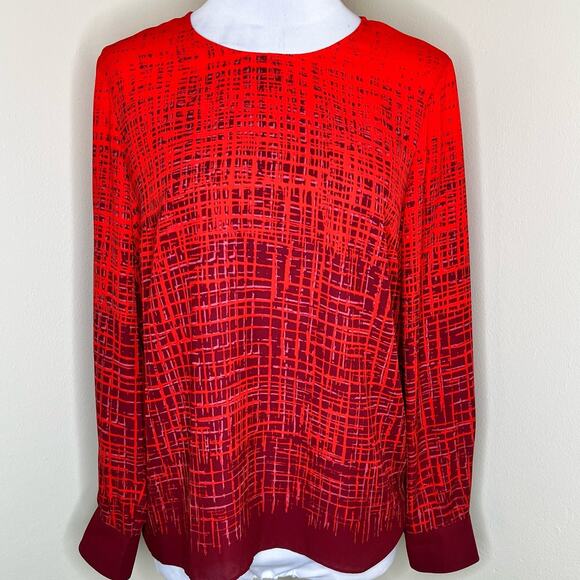 Vince Camuto Blouse Medium Womens Top Red Geo Abstract Work Office Versatile Zip - Picture 1 of 8